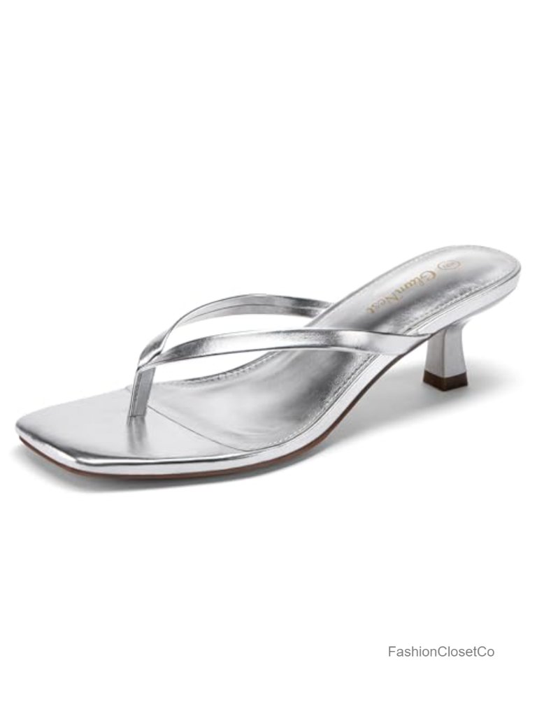 Kitten Heel Sandals Square Open Toe Slip On Thong Heeled Sandals Comfortable 2